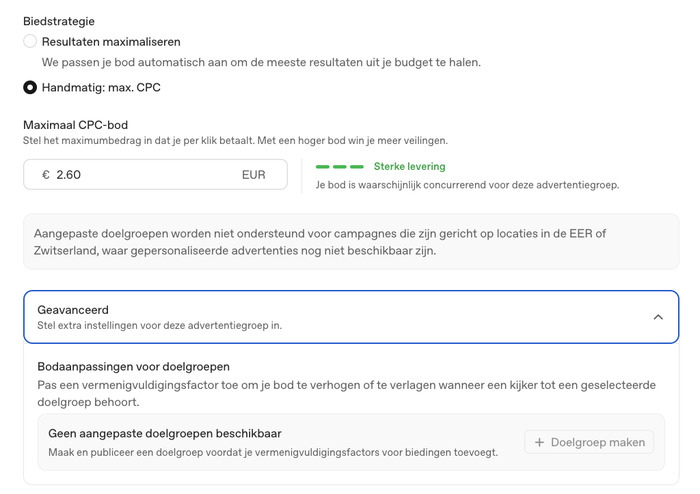 Handmatige max. CPC-biedstrategie met leveringsindicatie Sterke levering