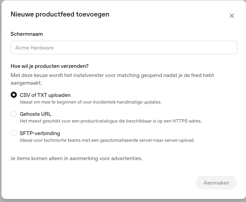 Scherm Nieuwe productfeed toevoegen met de drie aanlevermethoden in OpenAI Ads Manager