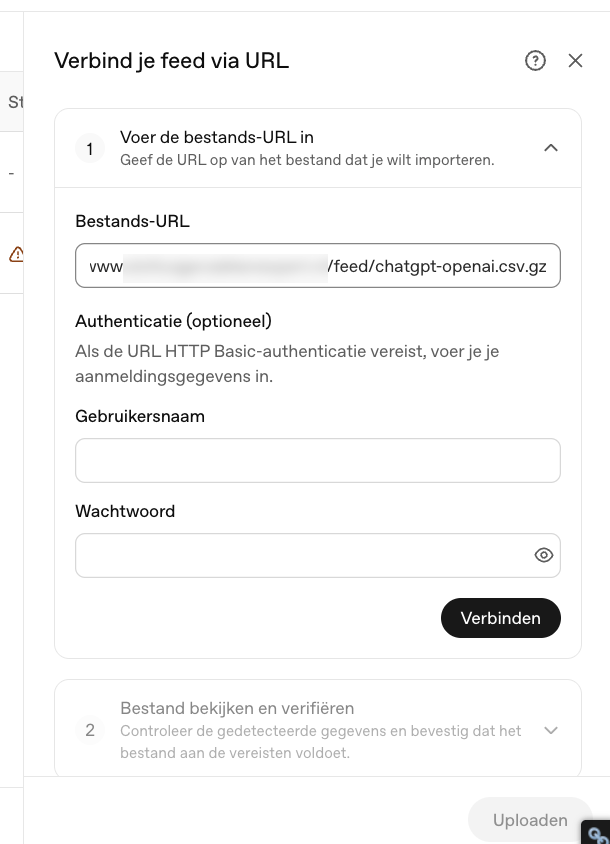Bestands-URL en optionele authenticatie invullen om een productfeed te verbinden in OpenAI Ads Manager