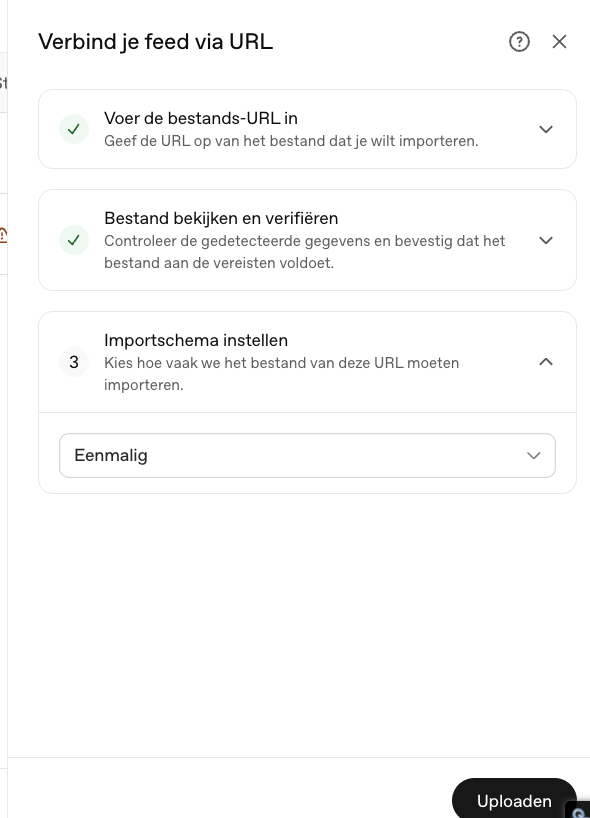 Drie verificatiestappen bij het verbinden van een productfeed via URL in OpenAI Ads Manager