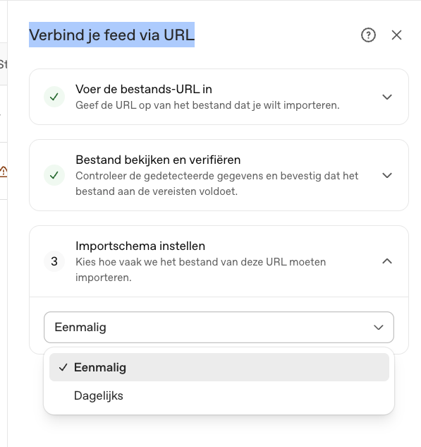 Importschema instellen op Eenmalig of Dagelijks bij een productfeed in OpenAI Ads Manager