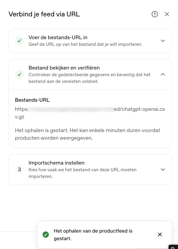 Melding dat het ophalen van de productfeed is gestart in OpenAI Ads Manager